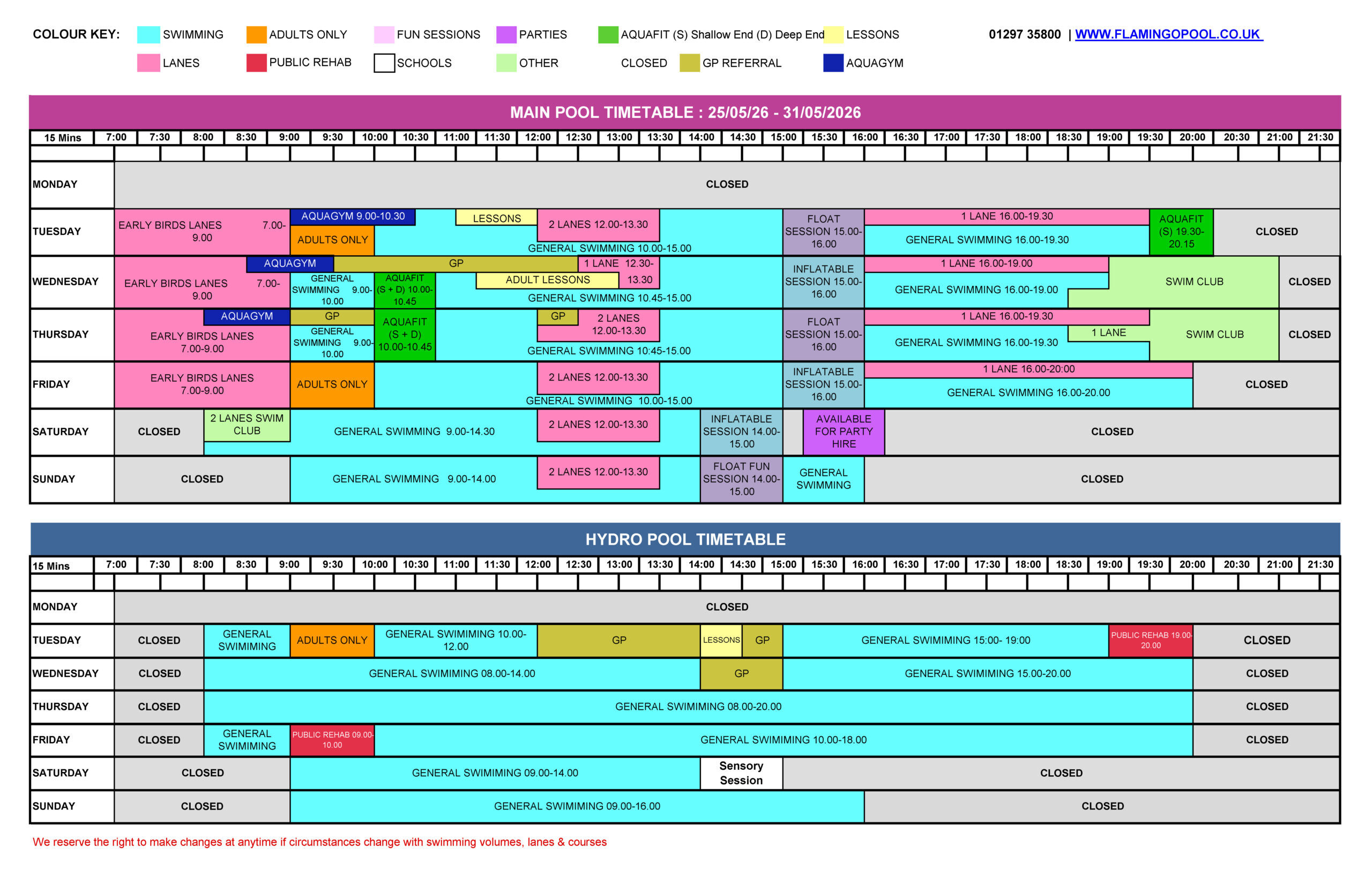 Summer Swimming timetable in Axminster Flamingo Pool